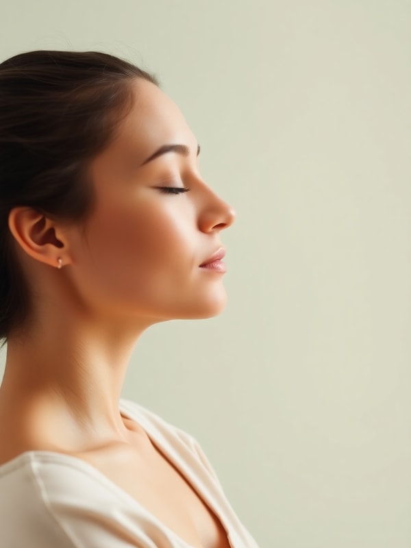 Serene woman with closed eyes meditating in soft natural light
