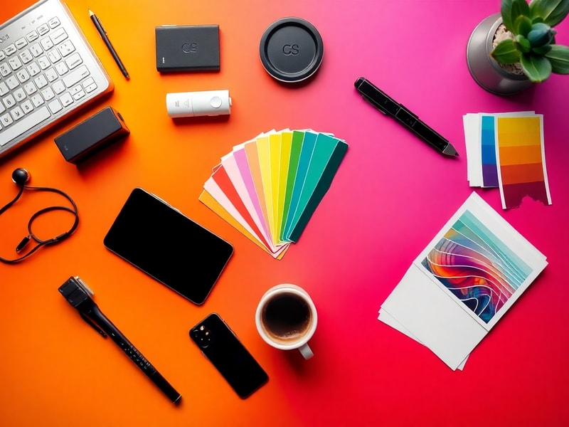 Overhead flat-lay of a busy creative desk with color swatches and devices
