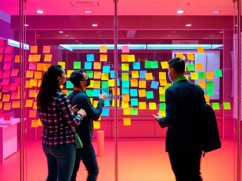 Team brainstorming in front of a glass wall covered in vivid sticky notes