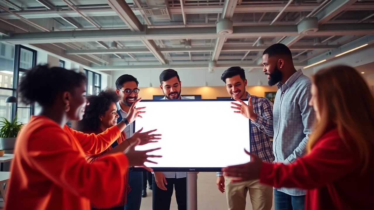Diverse creative team collaborating around a glowing screen in a bright open-plan agency