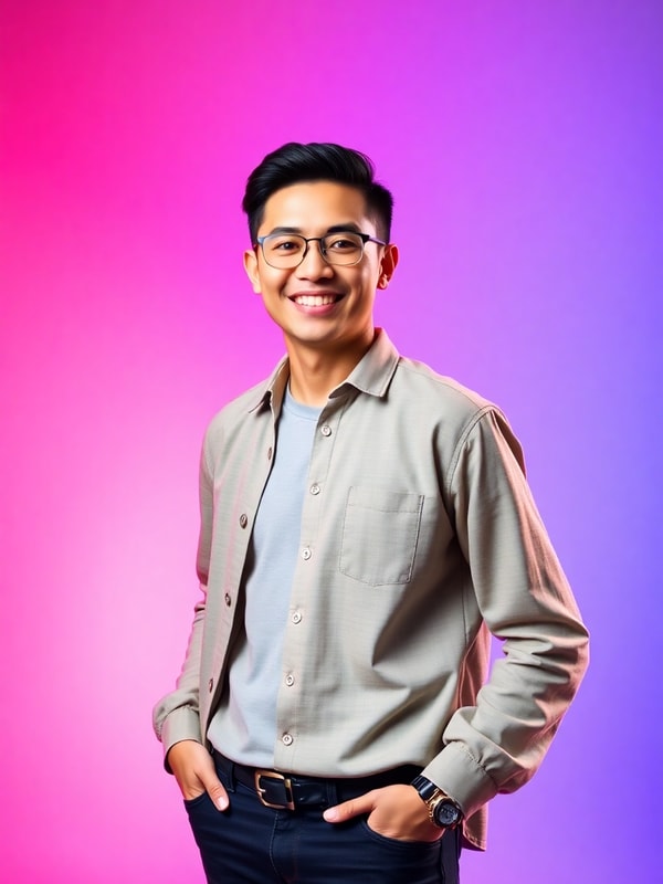 Confident young creative director smiling against a vibrant gradient backdrop
