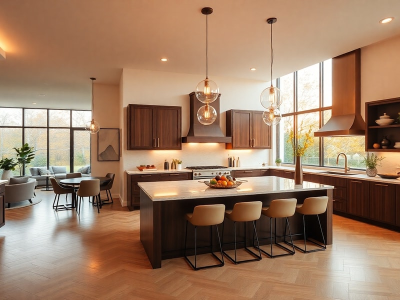 Stylish open-plan kitchen with island and warm pendant lighting