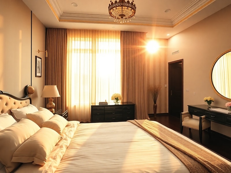 Cozy master bedroom with soft golden light through sheer curtains
