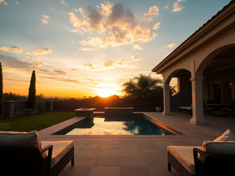 Inviting backyard patio with a pool reflecting golden-hour sky