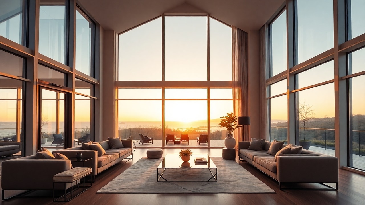 Luxury modern living room with floor-to-ceiling windows at golden hour