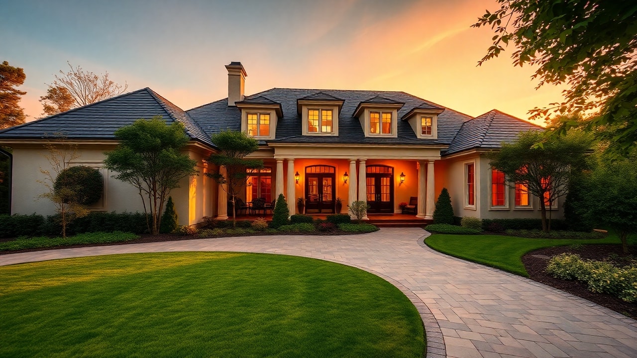 Elegant home exterior with manicured landscaping bathed in warm sunset light