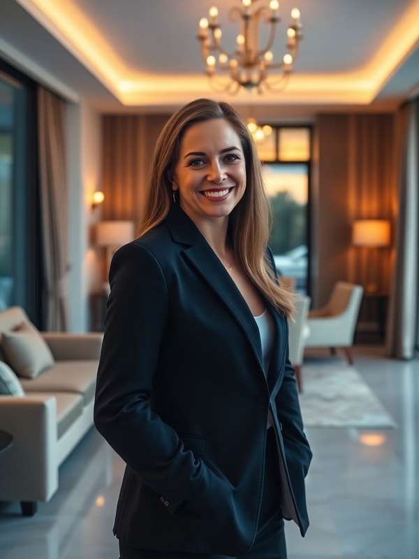 Friendly professional real-estate agent in smart attire in a bright luxury home