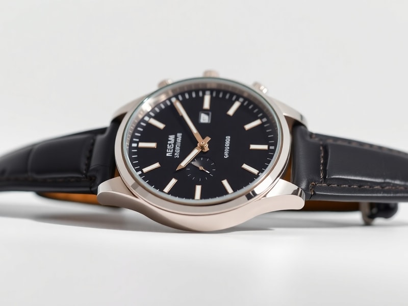 Wristwatch on a clean white surface with crisp lighting