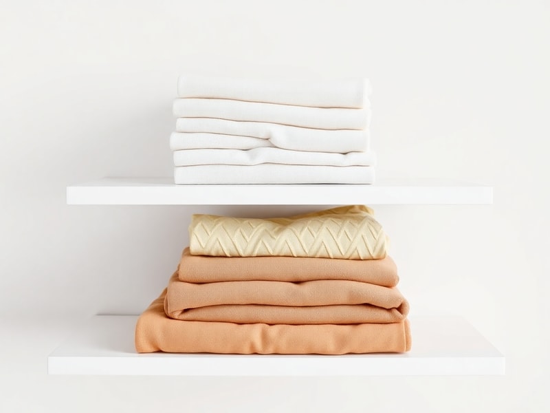 Neatly folded apparel in soft neutral tones on a minimal shelf