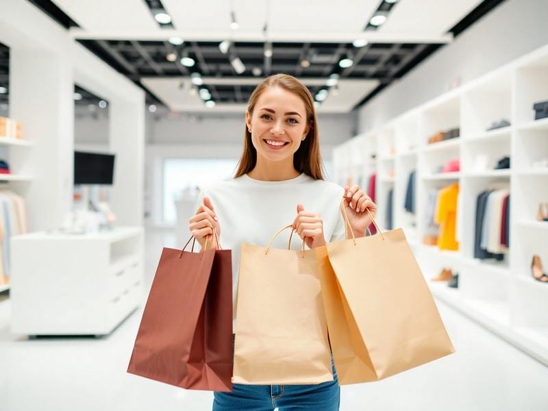 Smiling shopper holding stylish paper shopping bags in a bright modern boutique