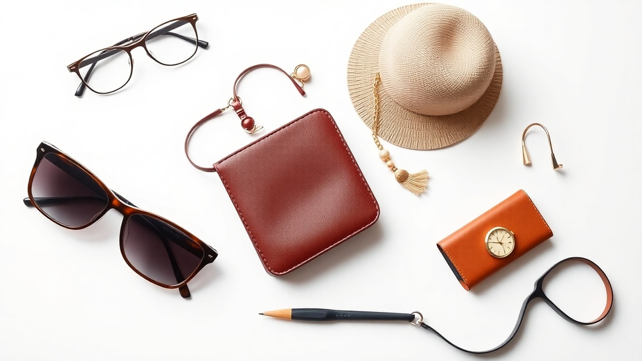 Bright clean lifestyle flat-lay of stylish fashion accessories on a neutral background
