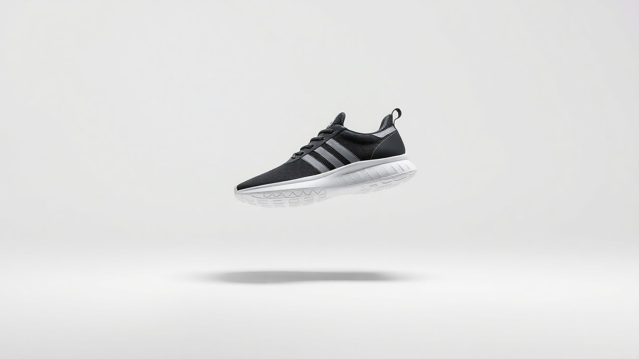 Minimal product display of sneakers floating on a soft neutral gradient